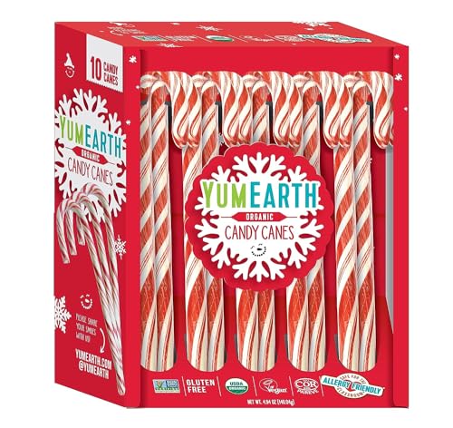 YumEarth Organic Candy Canes - Individually Wrapped Full Size Peppermint Candy Canes - Allergy Friendly, Non GMO, Gluten Free, Vegan - 10 Count (Pack of 1)