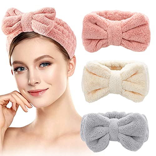 MIMITOOU Spa Headband – 3 Pack Bow Hair Bands Women Facial Makeup Headbands Soft Coral Fleece Elastic Head Wraps for Bathing Shower Skincare Washing Face