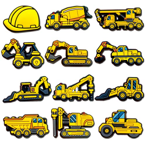 pocpockets 12 PCS Excavator Engineering Truck Shoe Decoration Charms Fits for Shoes Bracelets Wristbands, Construction Vehicle Charms Decoration for Kids Boy Girl Party Favor Gifts (12)