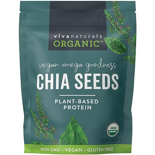 Viva Naturals Organic Chia Seeds 2 LBs - Plant-Based Omega-3 and Vegan Protein, Non-GMO Chia Seeds Organic Perfect for Smoothies, Salads and Chia Seed Pudding, Black Chia Seeds Bulk