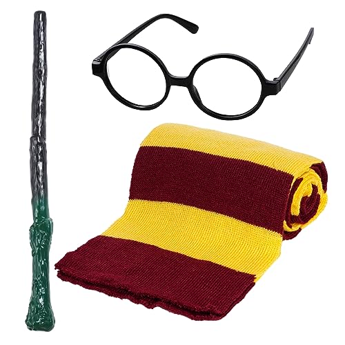 obmwang Wizard Costume Set Novelty Wizard Glasses Striped Knit Scarf and Magic Wand Cosplay Costumes Accessories for Birthday Halloween Dress Up Party