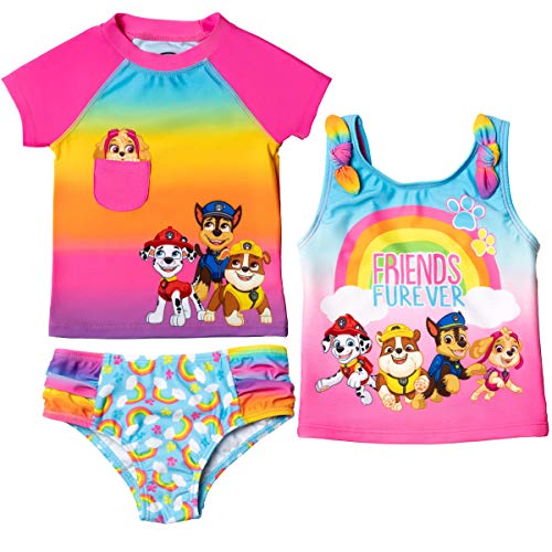 Paw Patrol Toddler Girls 3 Piece Rash Guard Tankini Swimsuit Set Rainbow 5T