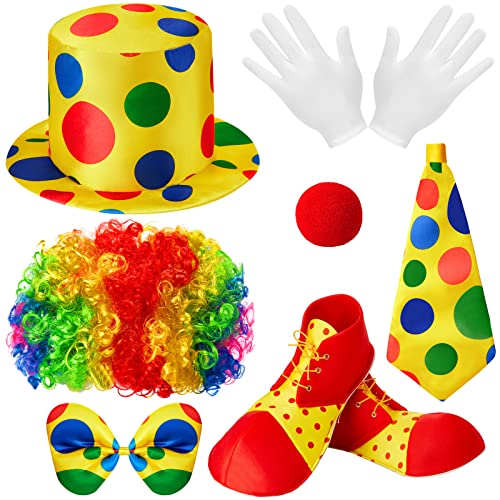 JaGely 7 Pcs Clown Costume Set Include Clown Rainbow Wig Clown Hat Clown Nose Bow Tie White Gloves Shoes Clown Accessories Halloween Cosplay for Kids Adults Clown Parties Circus Carnivals Pretend Play