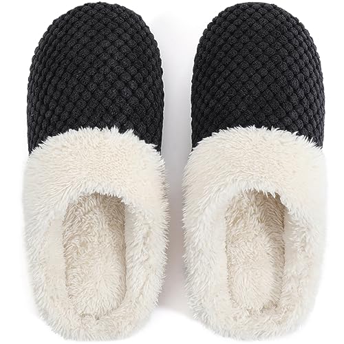 ULTRAIDEAS Women's Lamb-hug Comfy Fleece House Slippers Memory Foam, Slip-on House Shoes Indoor Outdoor (Black, Size 7-8)