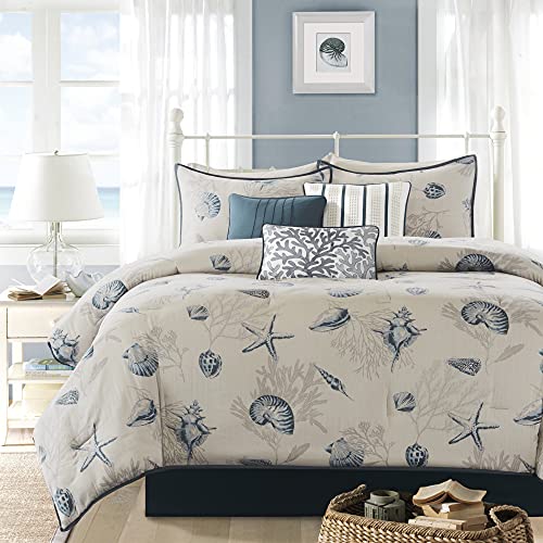 Madison Park 100% Cotton Comforter Set - Coastal Coral, Starfish Design All Season Down Alternative Cozy Bedding with Matching Shams, Decorative Pillow, Queen(90'x90'), Taupe 7 Piece