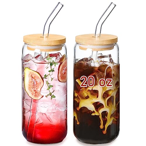 VITEVER 20 OZ Glass Cups with Bamboo Lids and Glass Straw - Beer Can Shaped Drinking Glasses Set, Iced Coffee Glasses, Cute Tumbler Cup, Aesthetic Coffee Bar Accessories, Gift - 2 Pack