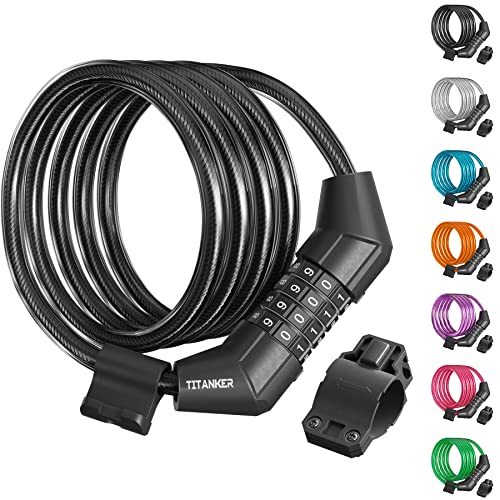 Titanker Bike Lock Cable, 4 Feet Bike Cable Lock Basic Self Coiling Kids Bike Lock Combination with Complimentary Mounting Bracket, 5/16 Inch Diameter (4FT, Black-8mm)