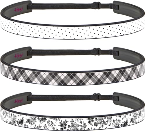 Hipsy Blades 3-pack Adjustable & Flexible No Slip Sports Fashion Headbands Women's Printed 5/8' Head Bands for Women Girls & Teens (White Floral/White Plaid/White Pin Dot 3pk)