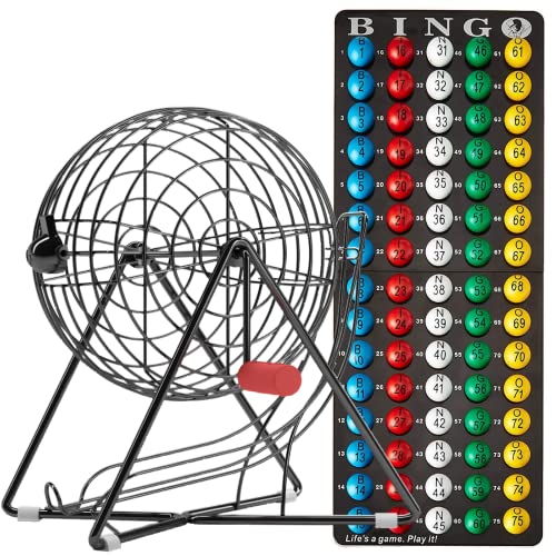MR CHIPS 11' (Inch) Tall Professional Bingo Set with Steel Bingo Cage, Everlasting 7/8” Bingo Balls, Master Board for Bingo Balls - Mysterious Black Color