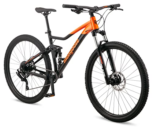 Mongoose Impasse 3.0 Dual Suspension Adult Mountain Bike, Men and Women, Dual Suspension, 29-Inch Wheels, 17-Inch/Medium Aluminum Frame, Black/Orange