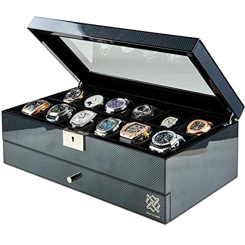 HAWK & GABLE Luxury 12 Slot Watch Box Organizer with Valet Drawer, Glass Display and Lock. Wide Compartments Fit Large Watches, Men’s Jewelry Case