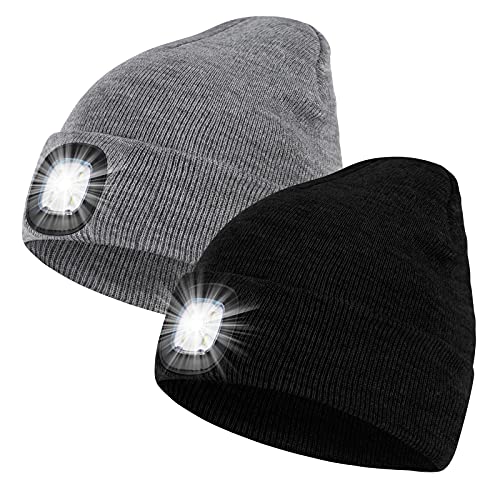 SUNPRO 2 Pack LED Beanie Hat with Light,Unisex Knit Lighted hat,USB Rechargeable Headlight Cap,Warm Winter Gifts for Men and Women Outdoor Dog Walking,Hiking,Camping (Black & Gray)