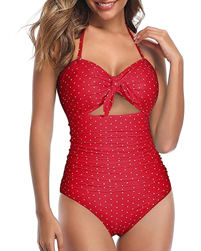 Tempt Me Women Red Polka Dot Sexy Cutout One Piece Swimsuits Tummy Control High Waisted Halter Front Tie Knot Bathing Suit M