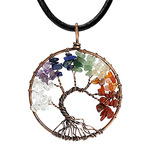 POTESSA 7 Chakra Tree of Life Necklace Wire Wrapped Quartz Crystal Pendant Leather Choker Necklace Tree Jewelry Gifts for Her