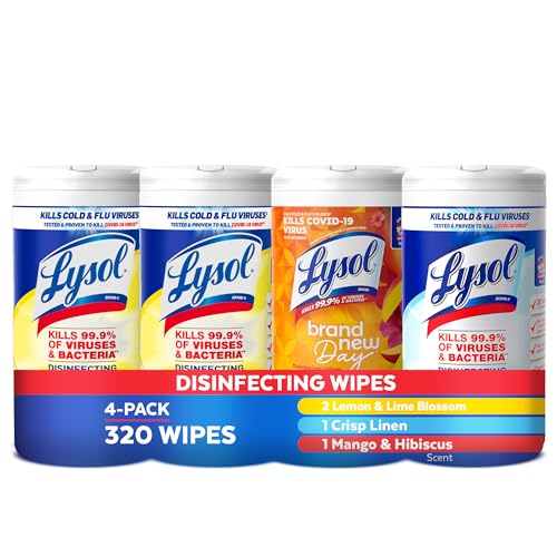 Lysol Disinfectant Wipes Bundle, Multi-Surface Antibacterial Cleaning Wipes, contains x2 Lemon & Lim Blossom, Crisp Linen, Mango & Hibiscus, Pack of 4