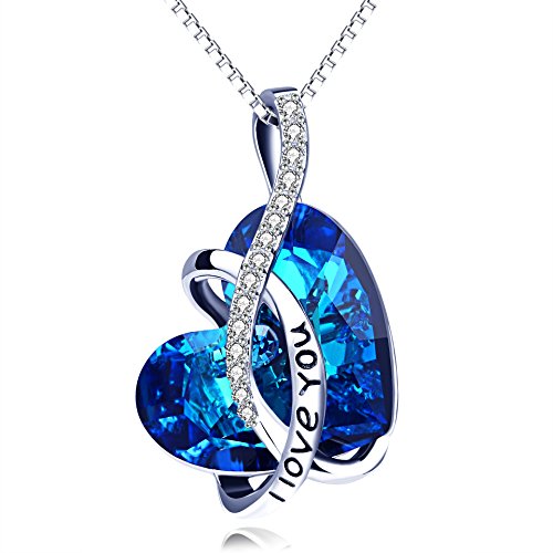AOBOCO I Love You Necklace Sterling Silver Blue Heart Pendant with Simulated Sapphire Birthstone Crystal from Austria, Anniversary Birthday Jewelry Gifts for Women Girlfriend Wife Daughter Mom