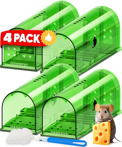 Motel Mouse Humane Mouse Traps No Kill Live Catch and Release 4 Pack - Reusable, Easy to Use & Clean, No Touch Release, Sensitive Includes Cleaning Brush, Instruction Manual & Video - Mousetrap Indoor