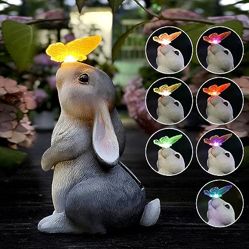 AOLIY Garden Outdoor Decor-Rabbit in with Solar Butterfly Light Garden Statues Outsides Decorations for Bunny Lovers Gardeners Family with Pets,Ornament Gift for Patio Yard Lawn Porch.