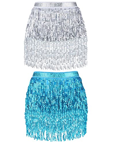 Syhood 2 Pcs Sequin Tassel Skirt LED Tassel Skirt Light Up Belly Dance Hip Scarf Skirt for Girl Women Halloween Cosplay(Silver, Lake Blue, Basic)