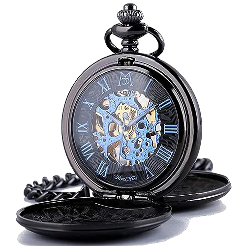 ManChDa Mechanical Roman Numerals Dial Skeleton Pocket Watches with Box and Chains for Mens Women (1.Black Blue)
