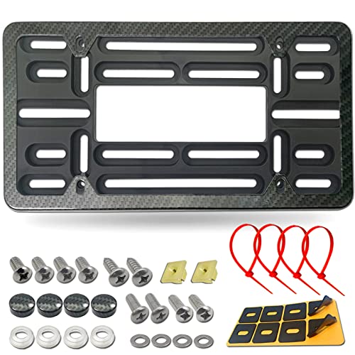 BGMVFK Universal Front Bumper License Plate Mounting Kit with Bracket Holder and Carbon Fiber Car Tag Frame, 2 Drill Hole Relocator Adapter with Stainless Steel Lock Screws, Cap Covers