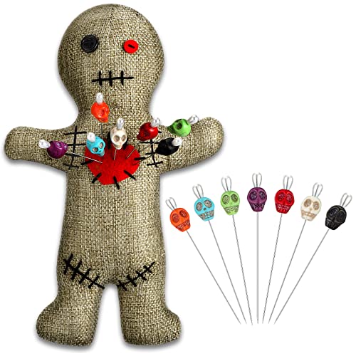Kathfly 8 Pcs Voodoo Doll Set Include Horror Doll, 7 Pcs Skull Pins Ghost Doll Soft Revenge Dammit Creepy Dolls Pin Holder Voodoo Toys Resin Metal Straight Pins Stress Relieving (Flaxen)