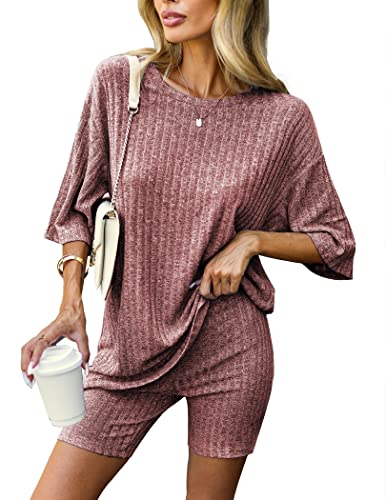 Ekouaer Pajamas 2 Piece Lounge Sets Ribbed Knit Matching Outfits T-shirt Biker Shorts Sleepwear Loungewear Sweatsuits Burgundy Medium