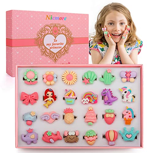 Nicmore Little Girl Jewel Rings Adjustable: 24PCS Rings in Box Gifts for 3 4 5 6 7 8 9 10 11 12 Year Old Girl | Girl Pretend Play and Dress Up Rings No Duplication Stocking Suffers
