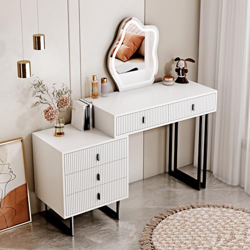 leejdn White Vanity Desk with 3-Color Touch Screen Lighted Mirror, 5 Drawers, Makeup Vanity Table Set with LightsDressing Table for Women Girls