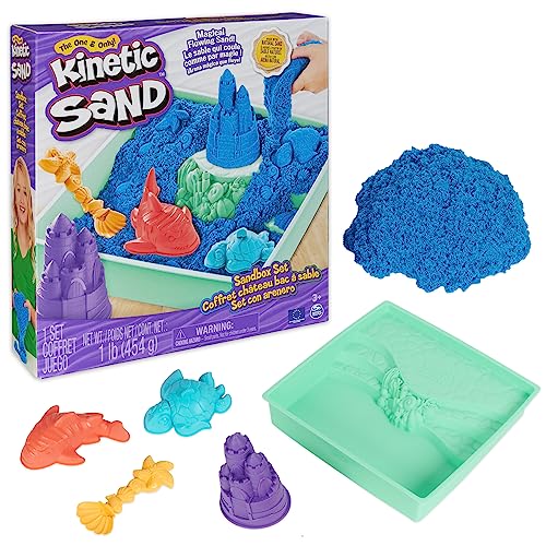 Kinetic Sand Sandbox Set, 1lb Blue Play Sand, Sandbox Storage, 4 Molds and Tools, Sensory Toys, for Kids Ages 3+