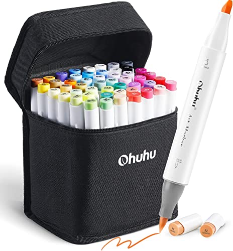 Ohuhu Alcohol Brush Markers, Double Tipped (Brush & Chisel) Sketch Markers for Kids, Artist Art Markers, Adult Coloring and Illustration, Bonus 1 Colorless Alcohol Marker Blender (48-color)
