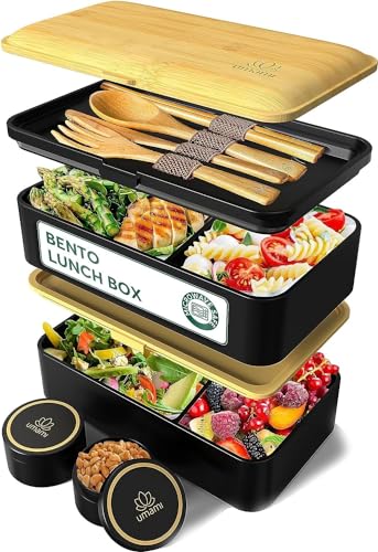 Umami Adult Bento Box with Bamboo Lid, Utensils & Sauce Jars - Leakproof, Microwave & Dishwasher Safe Lunch Container