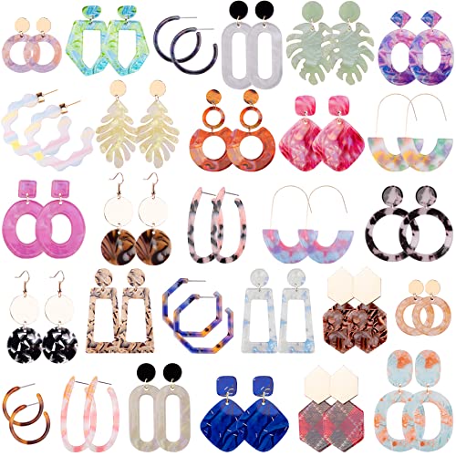 Duufin 28 Pairs Mottled Acrylic Earrings for Women Multipack Fashion Earrings Resin Drop Dangle Earrings Polygonal Statement Earrings Set