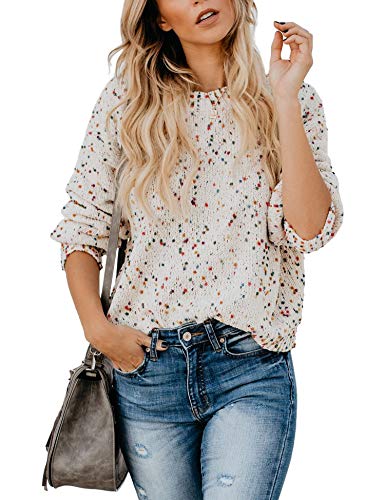 Relipop Women's Pullover Knitwear Crewneck Long Baggy Sleeve Colorful Spot Yarn Knit Sweater White