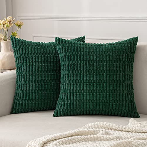MIULEE Pack of 2 Dark Green Corduroy Decorative Throw Pillow Covers 18x18 Inch Soft Boho Striped Pillow Covers Modern Farmhouse Home Decor for Christmas Sofa Living Room Couch Bed