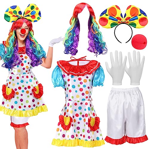 6 Pcs Clown Costume Set Women Circus Clown Dress Rainbow Clown Wig Headband Nose Shorts Gloves for Halloween cosplay (Large)