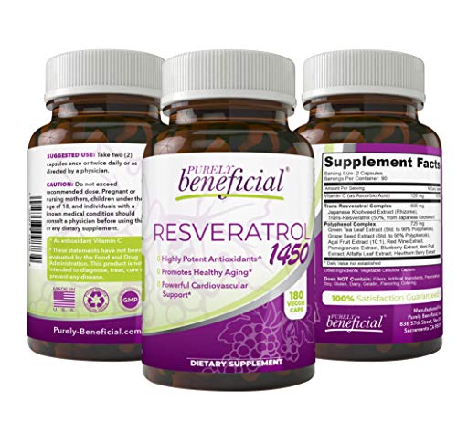 PURELY beneficial RESVERATROL1450-90day Supply, 1450mg per Serving of Potent Antioxidants & Trans-Resveratrol, Promotes Anti-Aging, Cardiovascular Support, Maximum Benefits (1bottle)