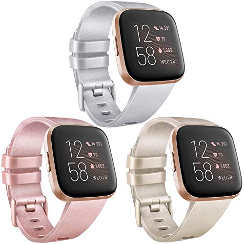 [3 Pack] Soft TPU Bands Compatible with Fitbit Versa, Elastomer Replacement Wristband Sports Waterproof Strap for Fitbit Versa Lite Smart Watch Women Men (Small, Rose gold/Champagne gold/Silver)