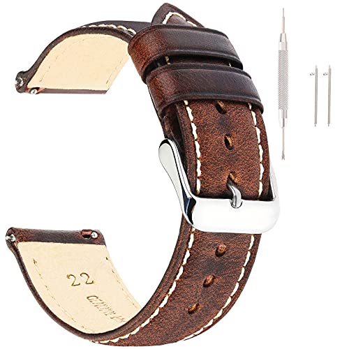 EACHE Quick Release Genuine Leather Watch Band 20mm for Men Women Retro Leather Watch Strap Watchband Dark Brown Silver Buckle