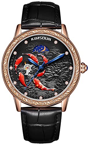 MASTOP Creative Men's Watch Koi Carved Automatic Mechanical Moon Phase Star Diamond Waterproof Male Wristwatch (Rose Gold Black)
