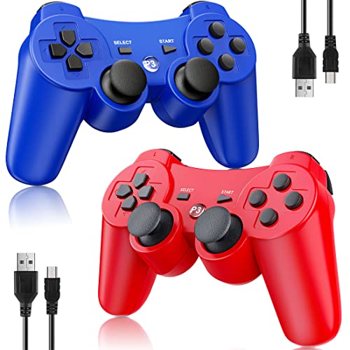 OKHAHA Controller 2 Pack for PS3 Wireless Controller for Sony Playstation 3, Double Shock 3, Bluetooth, Rechargeable, Motion Sensor, Remote for PS3 (No Stripes(Blue + Red))