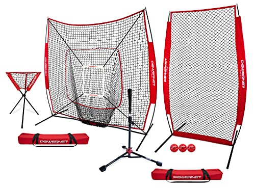 PowerNet [All in ONE Coach Bundle] 7x7 DLX Practice Net + I-Screen + Tee + Caddy + Weighted Training Ball + Strike Zone | Baseball Softball Training (Red)