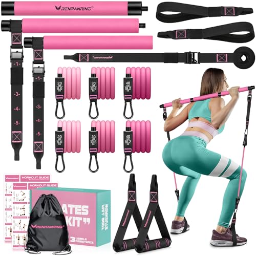 Pilates Bar Kit with Resistance Bands, Multifunctional Yoga Pilates Bar with Heavy-Duty Metal Adjustment Buckle for Women & Men, Home Gym Pilates Resistance Bar Kit for Full Body Workouts