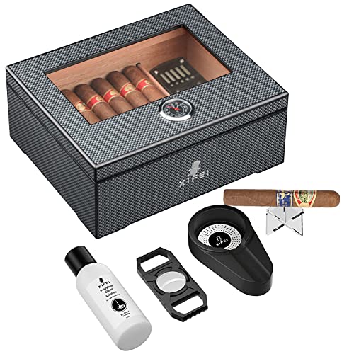 XIFEI Cigar Humidor, Spanish Cedar Wood Desktop Cigar Box Storage 25-60 Cigars, Glass Top Carbon Fiber Texture Humidors with Hygrometer, Humidifier, Humidor Solution, Cigar Accessories Gifts for Men