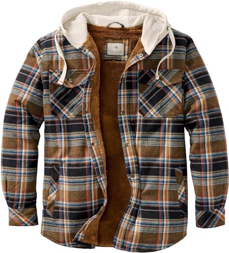 Legendary Whitetails Men's Standard Camp Night Berber Lined Hooded Flannel Shirt Jacket, Porter Plaid, Large