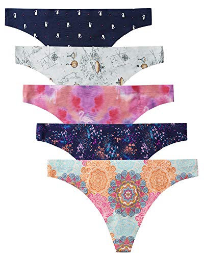 voenxe Seamless Thongs for Women No Show Thong Underwear Women 5-10 Pack (5 Pack Pattern Design, Small)