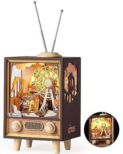 3D Wooden Puzzles Music Box Rotating Ferris Wheel with Minuet in G Music and LED Lights, DIY Musical Box Book Nook Kits for Adults Crafts/Creative Gifts for Mom Girls Teens (Sunset Carnival)
