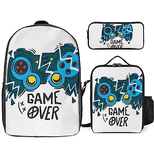 NAWFIVE Broken Gamer Joystick Backpack with Lunch Box And Pencil Case Set Joypad Console Controller Travel Daypack Bookbag for Men Women Laptop Backpack 3pcs