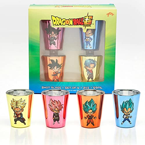 JUST FUNKY Dragon Ball Super Mini Glass Set | 2 Oz Shot Glasses Set of 4 | Featuring Trunks, Goku Black, Goku, and Vegeta Including their Super forms | Officially Licensed