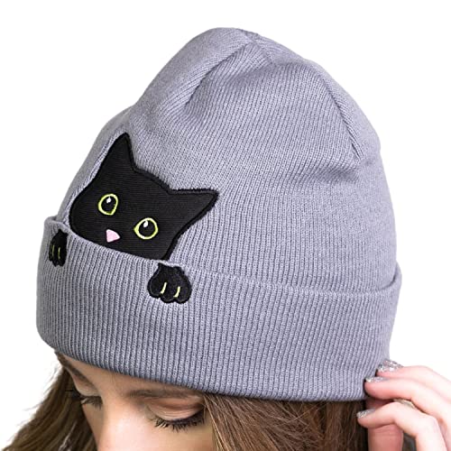 Cat Beanie Winter Hats for Women - Cute Cat Ear Beanie Womens Beanie - Cat Hat, Cat Gifts for Cat Lovers, Teen Girl Gifts, Unique Gifts for Women, Stocking Stuffers Grey